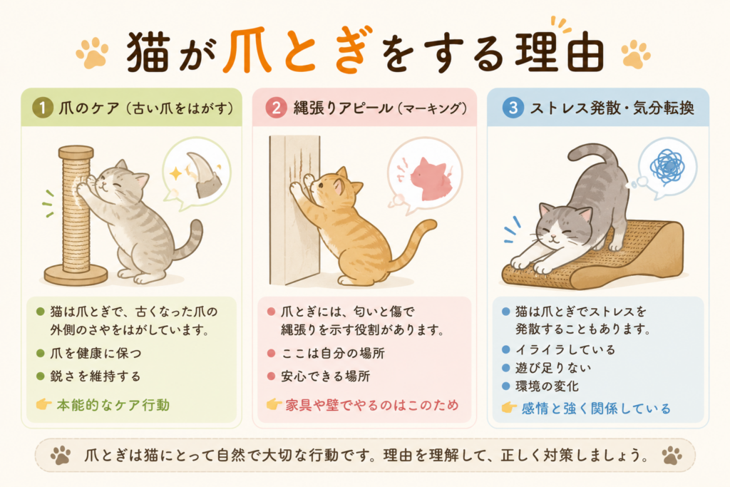 猫が爪とぎをする理由を解説したイラスト。爪のケアや縄張りのマーキング、ストレス発散など、猫が爪とぎをする本能的な理由をわかりやすく紹介。