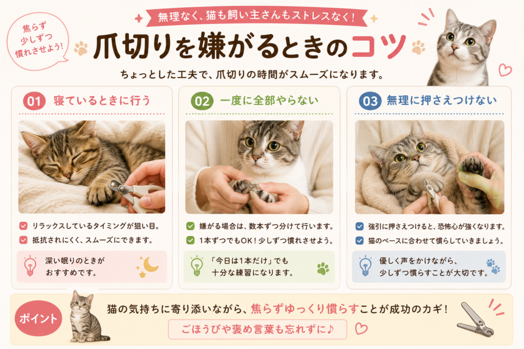 猫が爪切りを嫌がるときのコツを紹介するイラスト。寝ているときに行う、一度に全部切らない、無理に押さえつけないなど、猫に負担をかけずに爪切りをする方法を解説。