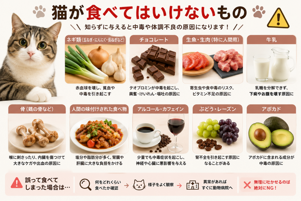 猫が食べてはいけない食べ物を一覧で紹介するイラスト。ネギ類、チョコレート、生魚・生肉、牛乳、骨、人間の味付け食品、アルコール・カフェイン、ぶどう、アボカドなど猫に危険な食品を解説。
