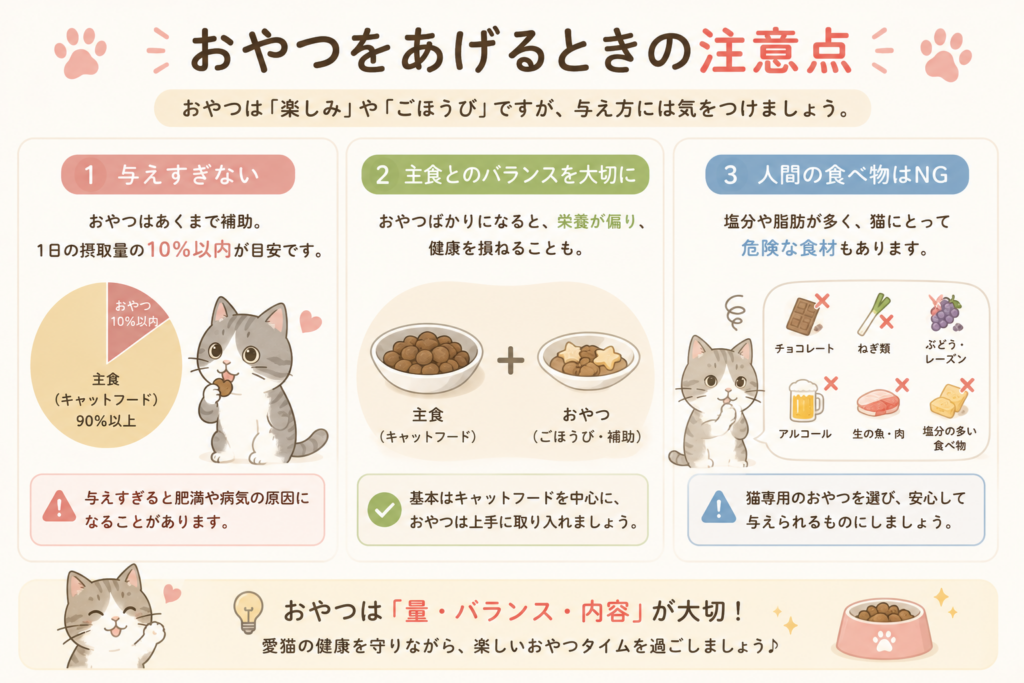 猫におやつをあげるときの注意点を紹介したイラスト。与えすぎを避けること、主食とのバランス、人間の食べ物を与えないことなど、健康を守るためのポイントをわかりやすく解説している。