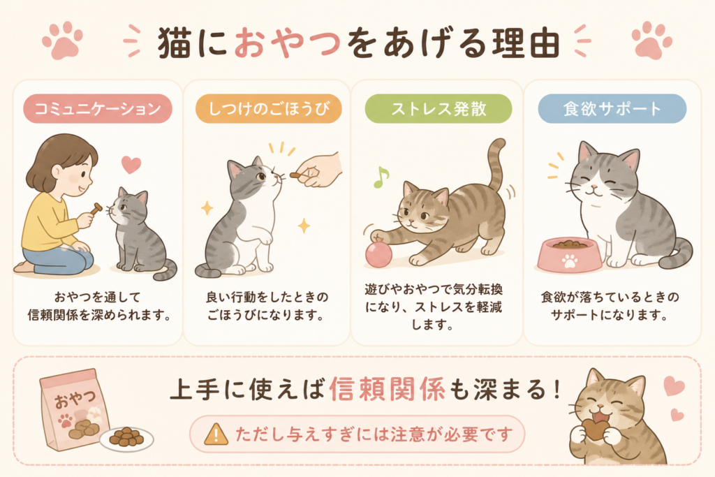 猫におやつをあげる理由を紹介したイラスト。コミュニケーション、しつけのごほうび、ストレス発散、食欲サポートなど、おやつの役割や与えるメリットをわかりやすく解説している。