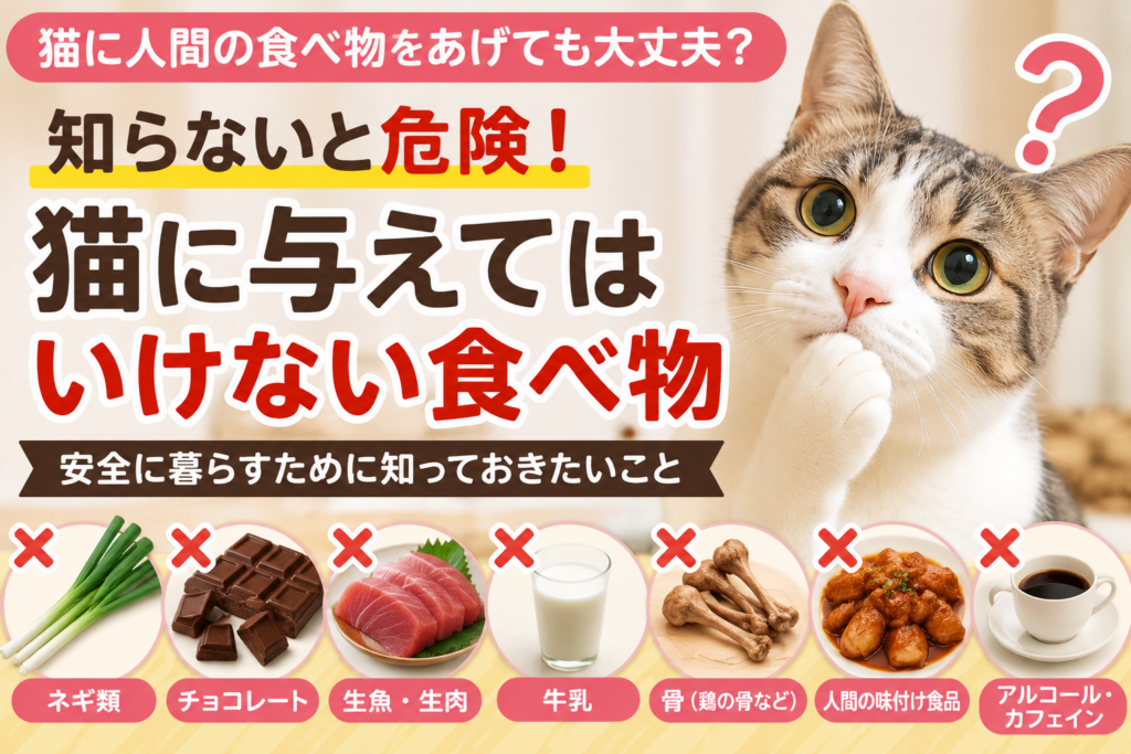 猫に与えてはいけない食べ物を紹介するアイキャッチ画像。ネギ類、チョコレート、生魚・生肉、牛乳、骨、人間の味付け食品、アルコール・カフェインなど猫に危険な食べ物を一覧で解説。
