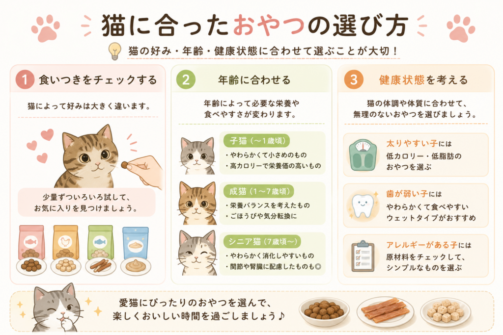 猫に合ったおやつの選び方を紹介したイラスト。食いつき、年齢、健康状態に合わせたおやつ選びのポイントを、子猫・成猫・シニア猫ごとにわかりやすく解説している。