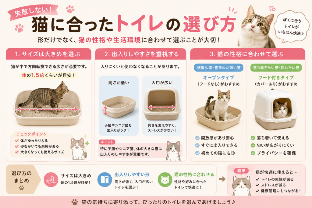 猫に合ったトイレの選び方を紹介するイラスト。サイズの目安や出入りのしやすさ、猫の性格に合わせたトイレ選びのポイントをわかりやすく解説。