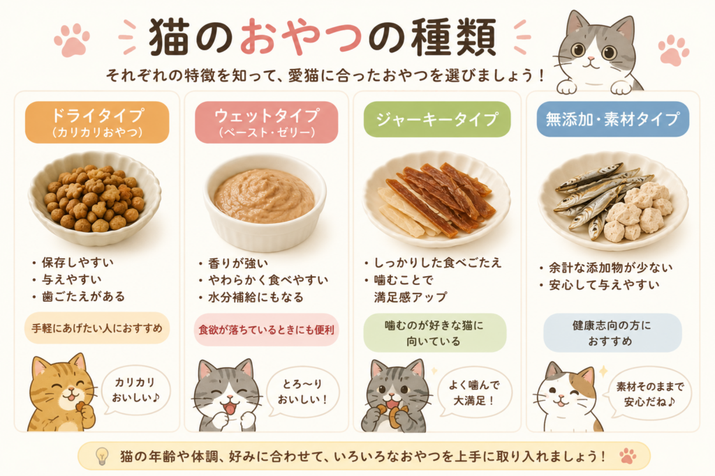 猫のおやつの種類を紹介したイラスト。ドライタイプ、ウェットタイプ、ジャーキータイプ、無添加・素材タイプの特徴や、それぞれに向いている猫をわかりやすく解説している。