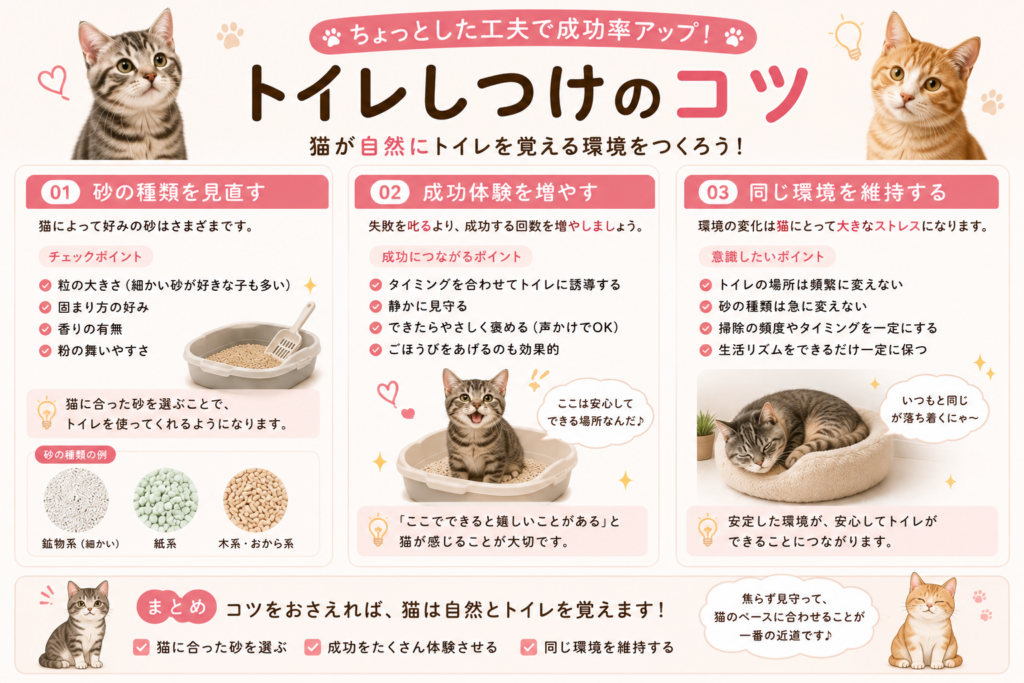 猫のトイレしつけのコツを紹介するイラスト。猫に合った猫砂を選ぶこと、成功体験を増やすこと、同じ環境を維持することなど、トイレしつけを成功させるポイントを解説。