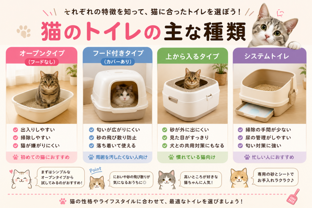 猫のトイレの種類を紹介するイラスト。オープンタイプ、フード付きタイプ、上から入るタイプ、システムトイレの特徴やメリット、おすすめの猫をわかりやすく解説。