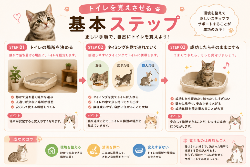 猫のトイレを覚えさせる基本ステップを紹介するイラスト。トイレの場所を決める、排泄のタイミングで連れていく、成功したら見守るなど、猫のトイレしつけの流れをわかりやすく解説。