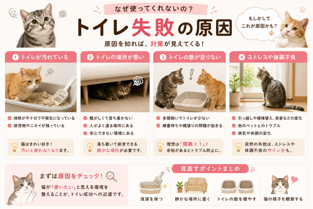 猫のトイレ失敗の原因を紹介するイラスト。トイレの汚れ、設置場所の悪さ、トイレの数不足、ストレスや体調不良など、猫がトイレを失敗する主な原因と対策を解説。