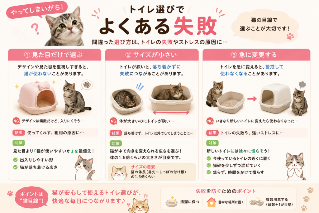 猫のトイレ選びでよくある失敗を紹介するイラスト。見た目だけで選ぶ、小さいサイズを選ぶ、急にトイレを変更するなど、猫が使いやすいトイレ選びのポイントを解説。
