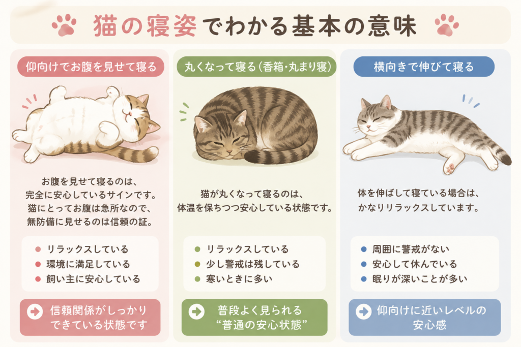 猫の寝姿でわかる基本の意味を紹介したイラスト。仰向けでお腹を見せる寝方、丸くなって寝る姿、横向きに伸びて寝る姿を例に、それぞれの気持ちや安心度をわかりやすく解説している。