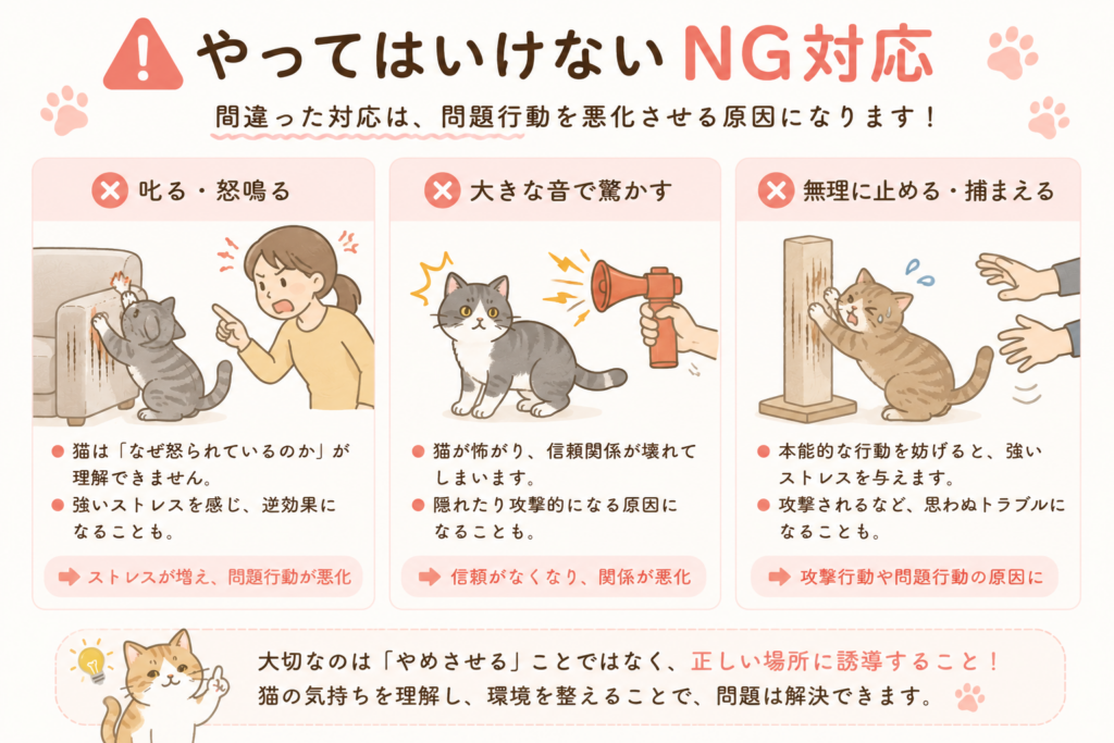 猫の爪とぎでやってはいけないNG対応を解説したイラスト。叱る、大きな音で驚かせる、無理に止める行動が逆効果になる理由と、正しい爪とぎ対策を紹介。