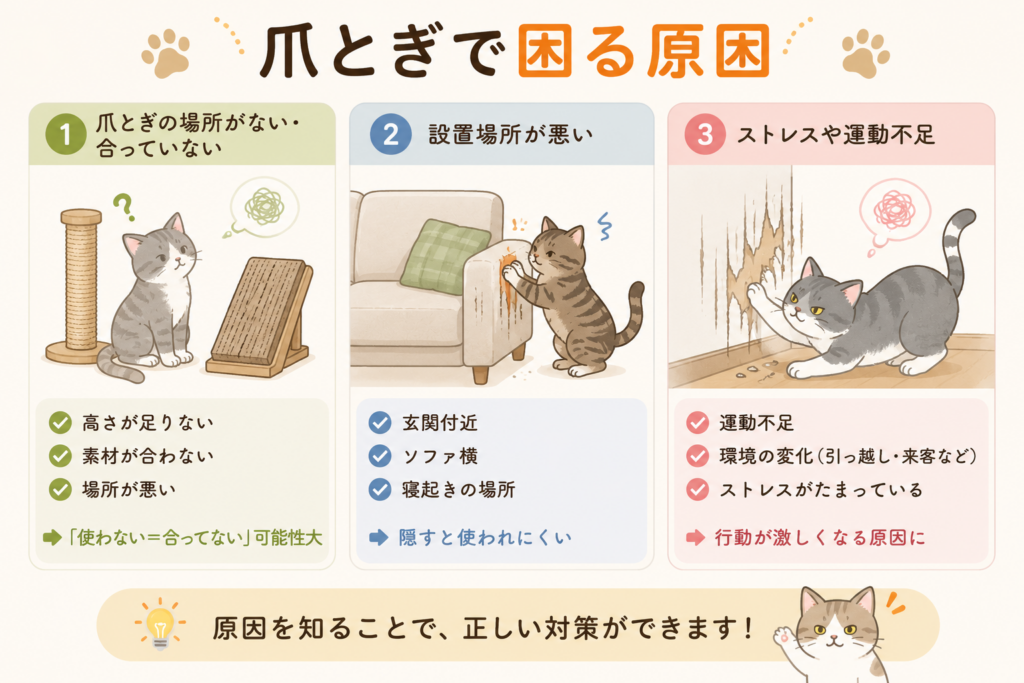 猫の爪とぎで困る原因を解説したイラスト。爪とぎ器が合わないことや設置場所の問題、ストレスや運動不足など、壁や家具で爪とぎをする原因をわかりやすく紹介。
