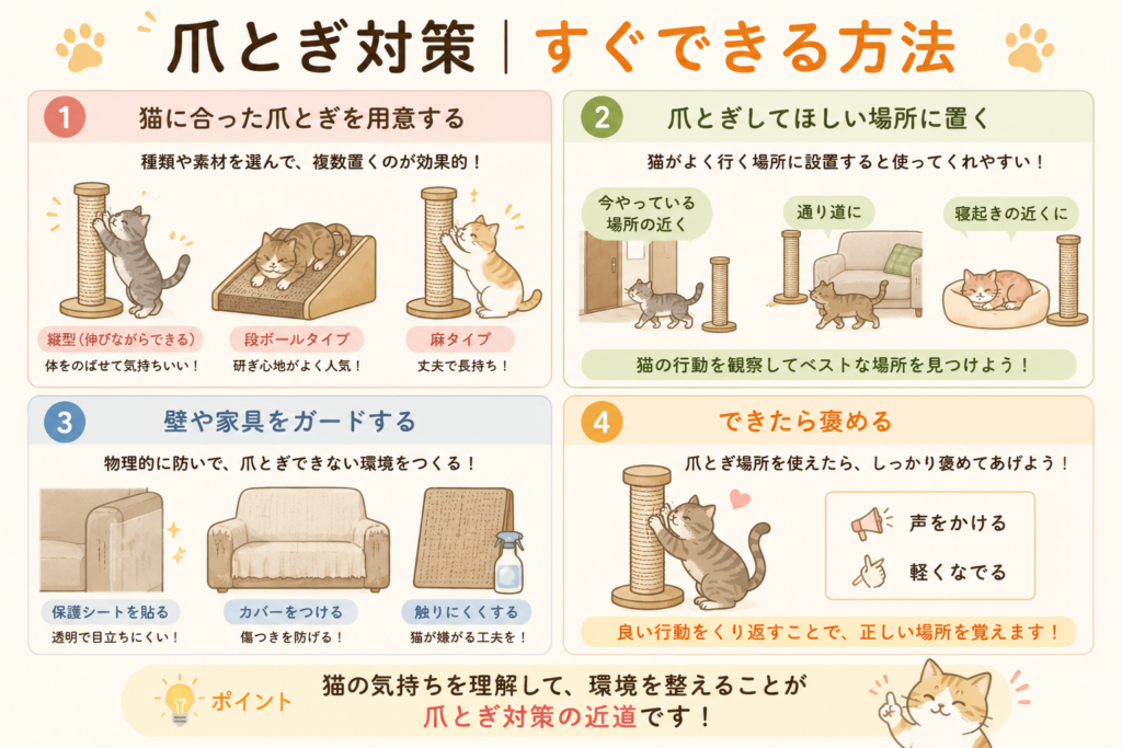 猫の爪とぎ対策を紹介したイラスト。猫に合った爪とぎ器の選び方や設置場所、壁や家具の保護方法、正しいしつけ方など、すぐに実践できる対策をわかりやすく解説。