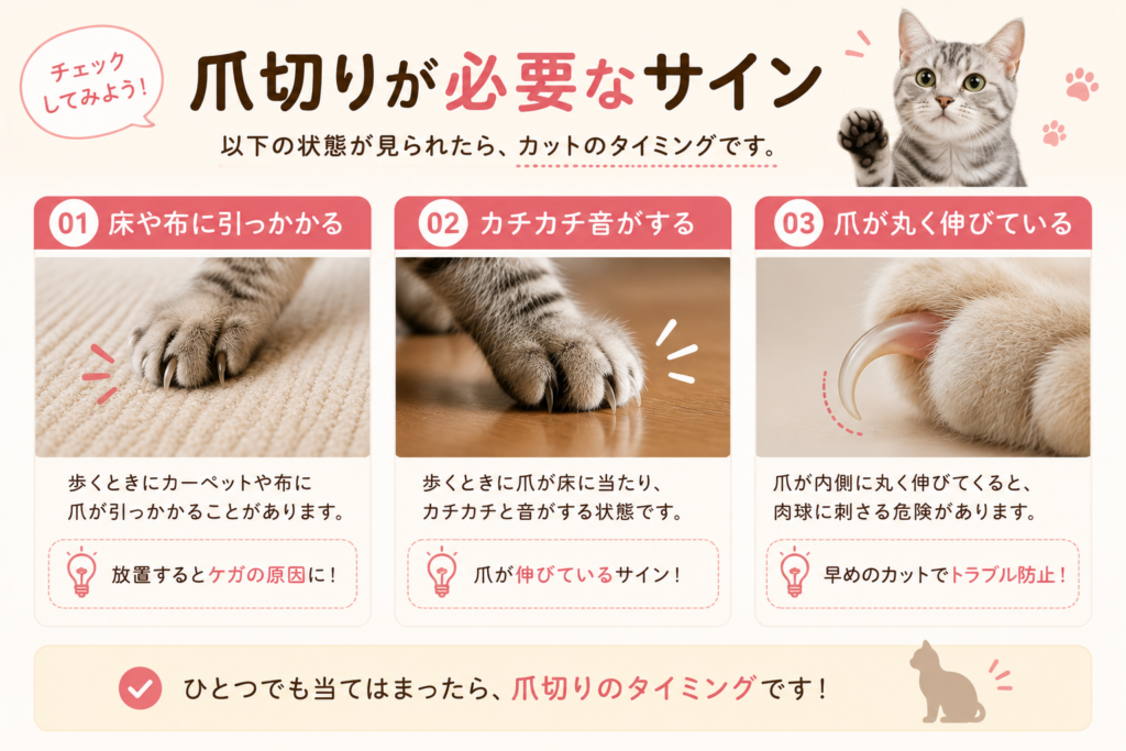 猫の爪切りが必要なサインを紹介するイラスト。床や布に爪が引っかかる、歩くとカチカチ音がする、爪が丸く伸びているなど、爪切りのタイミングをわかりやすく解説。