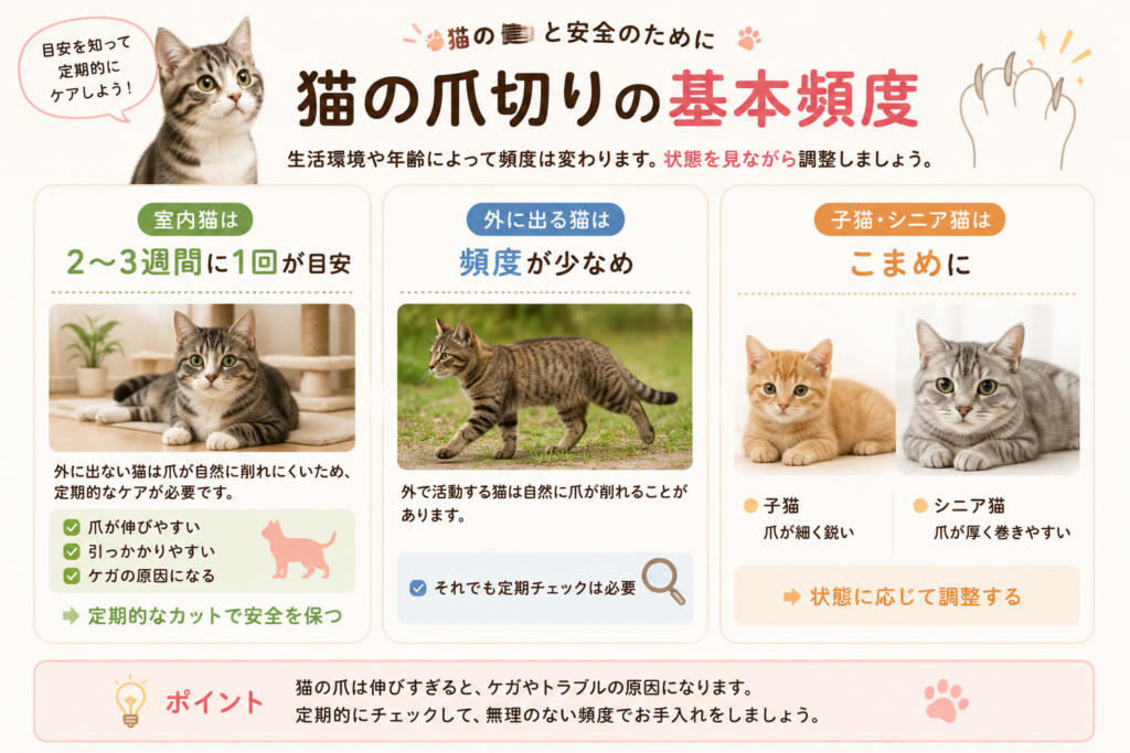 猫の爪切りの基本頻度を紹介するイラスト。室内猫は2〜3週間に1回、外に出る猫は定期チェック、子猫やシニア猫は状態に応じてこまめに爪切りを行う目安を解説。